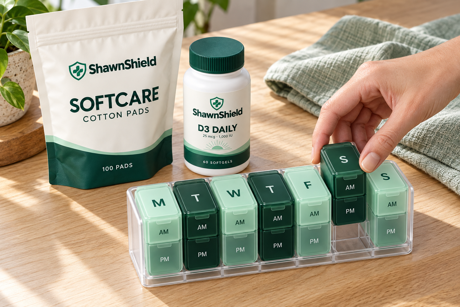 ShawnShield care supplies and supplements arranged for a daily routine